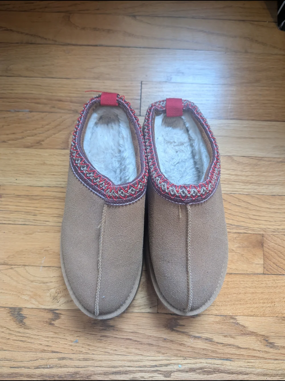 Women's Size 9 Shop Talulah Faux-Suede Cozy Slippers in Tan with Red Trim